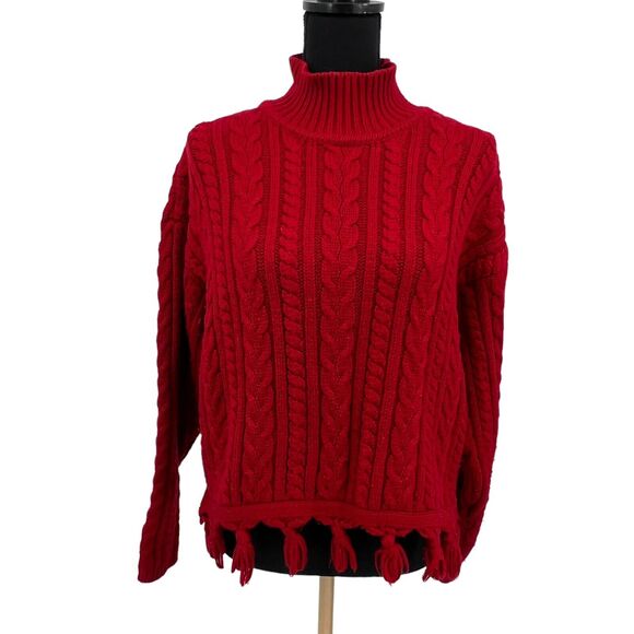 Vintage Emanuel Ungaro Red‎ Cable Knit Mock Neck Cropped Fringe Sweater Large - Picture 1 of 5